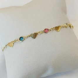 Pulseira Corações Pedra Rosa e Azul
