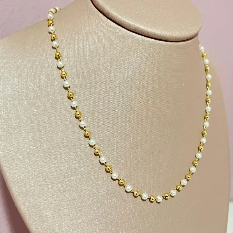 Choker Pérola e Bolinhas Douradas