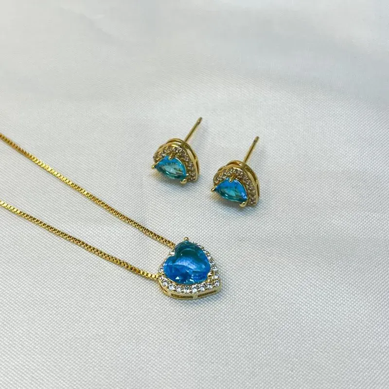 Conjunto Coração Azul Cravejado Borda