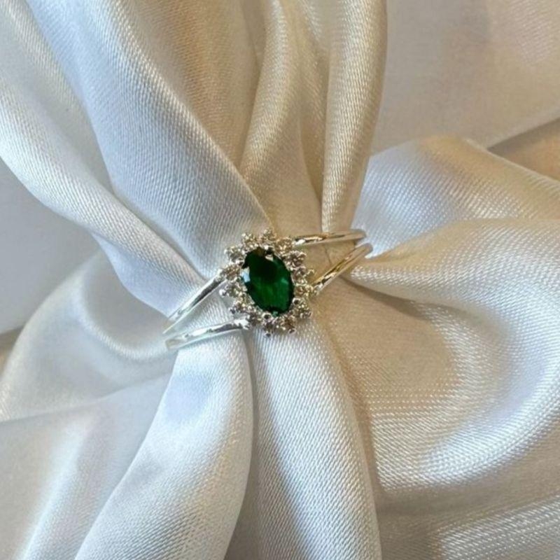 Anel Solitário Oval Azul Verde Escuro