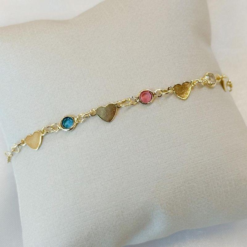 Pulseira Corações Pedra Rosa e Azul