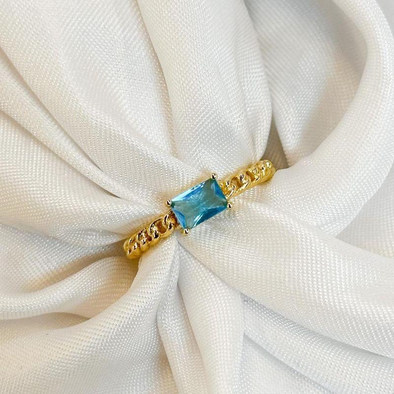 Anel Zircônia Azul Aro Trançado