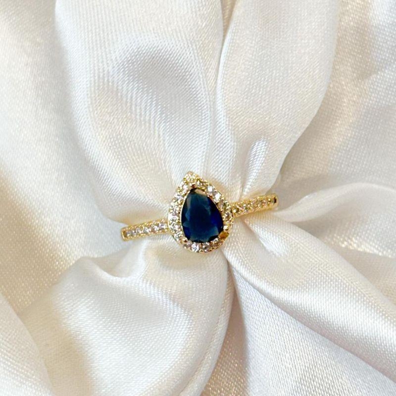 Anel Gota Azul Borda Cravejada