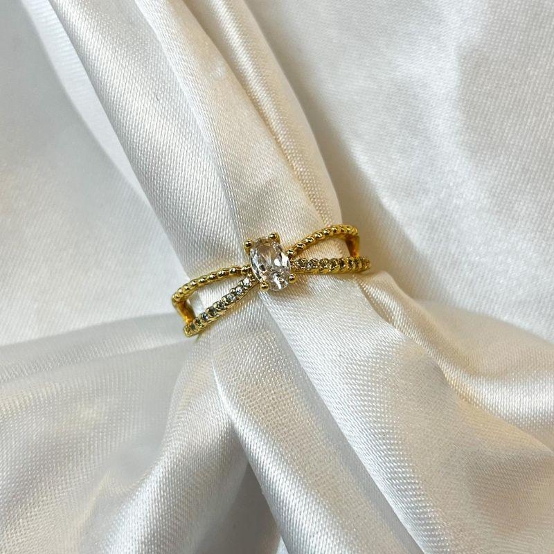 Anel Solitário Aro X com Bolinhas