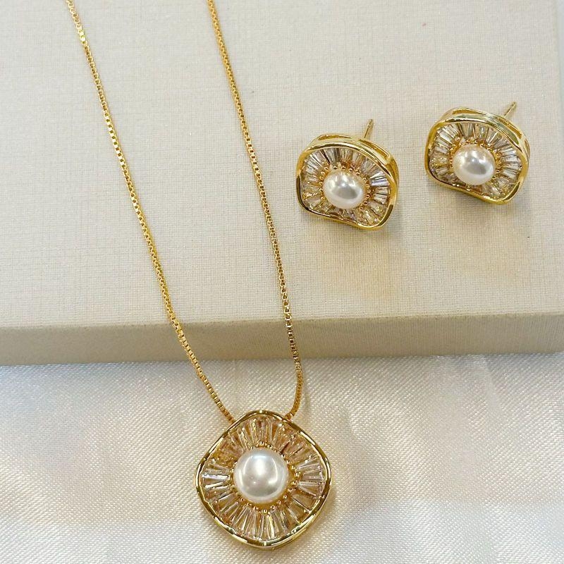 Conjunto Pérola Zircônia Baguete