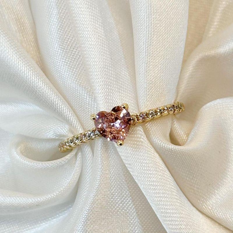 Anel Coração Rosa Zircônia