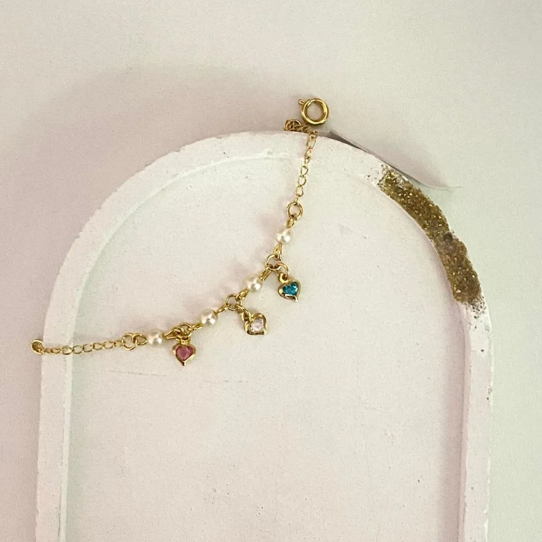 Pulseira Infantil Pérola e Corações