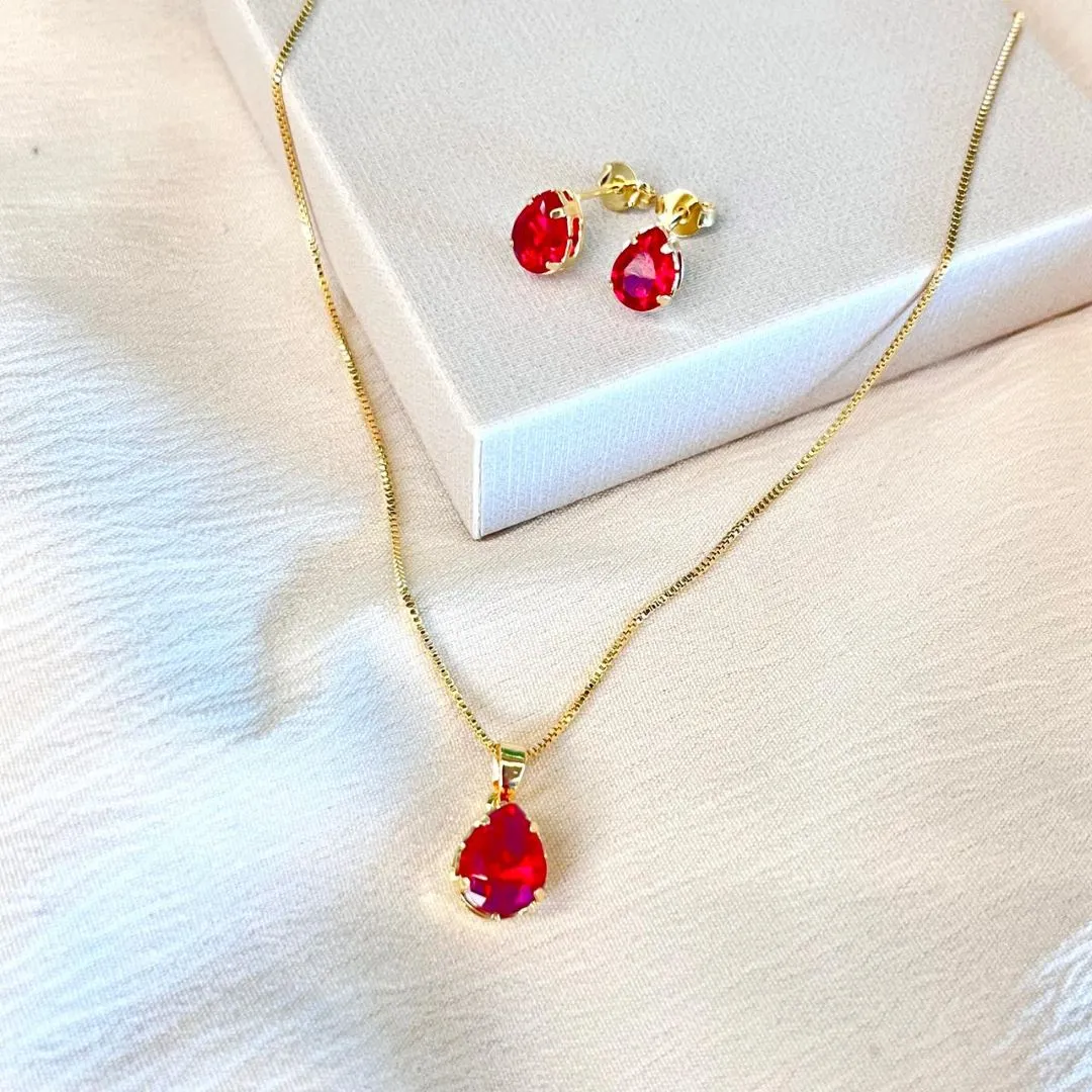 Conjunto Gota Zircônia Rubi