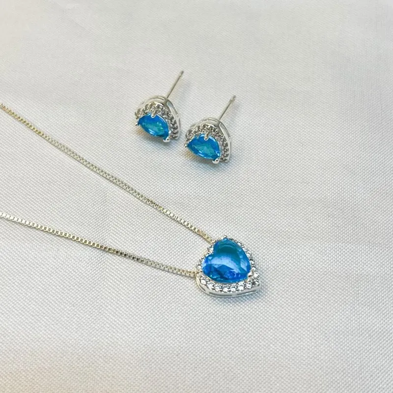 Conjunto Coração Azul Cravejado Borda