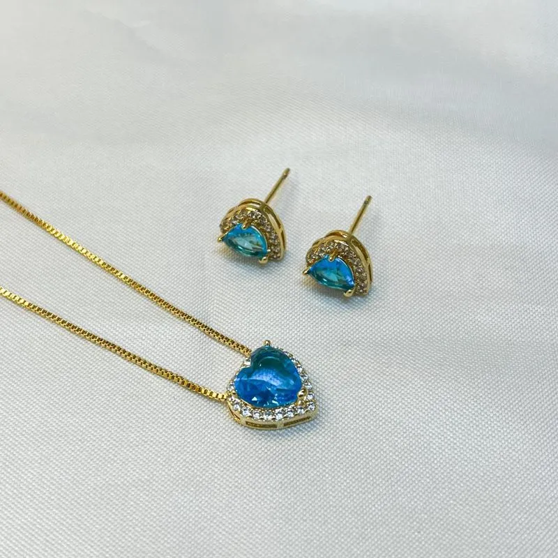 Conjunto Coração Azul Cravejado Borda