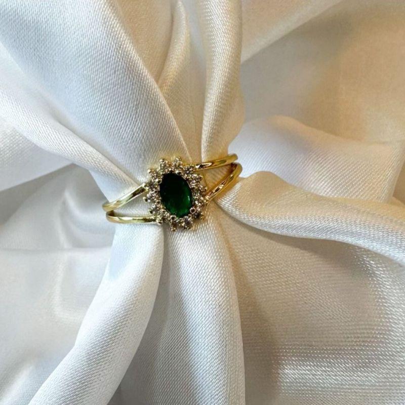 Anel Solitário Oval Azul Verde Escuro