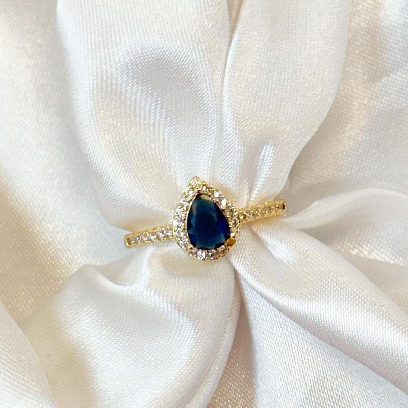Anel Gota Azul Borda Cravejada